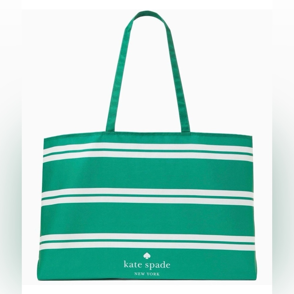 New Kate Spade Green Tote with White Stripe 25" x 15" XLarge Shopping Tote